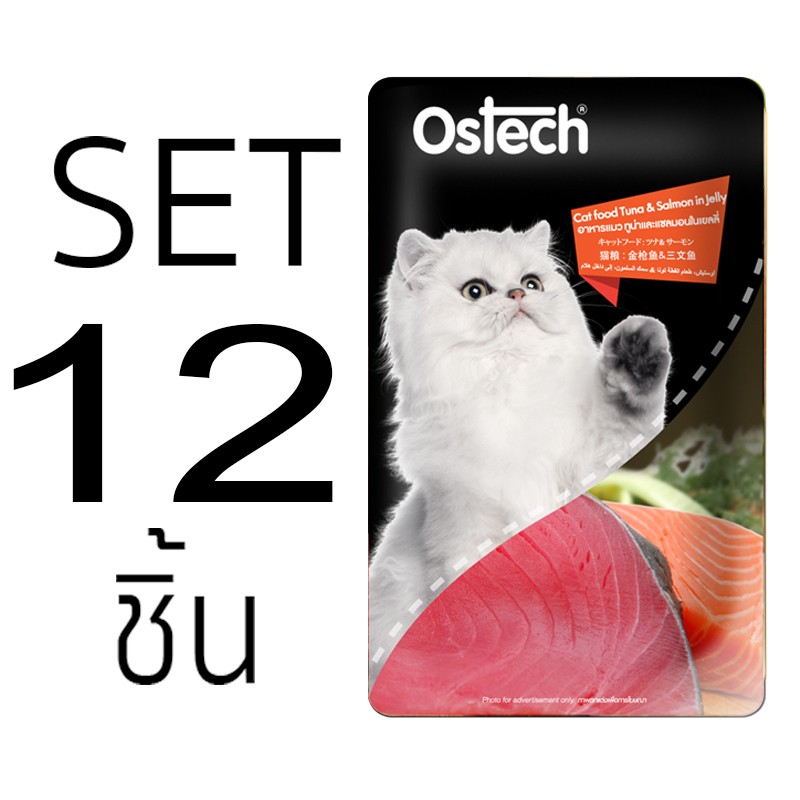 [Set 12 ชิ้น]อาหารแมวออสเทค เพาช์-ทูน่าและแซลมอนในเยลลี่
