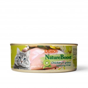อาหารกระป๋องแมวออสเทค เนเชอบูสท์ สูตรไก่ในน้ำเกรวี่ หน้ากีวี่