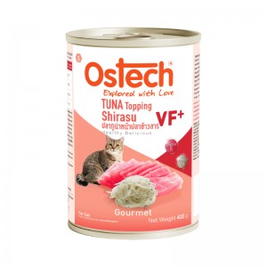 อาหารกระป๋องแมวออสเทค กัวเม่ VF+ รสทูน่าหน้าปลาข้าวสาร 400 g.