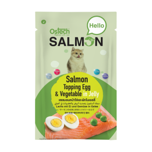 อาหารแมวออสเทค ฮัลโหล แซลมอน แซลมอนไข่และผักในเยลลี่ 70ก.
